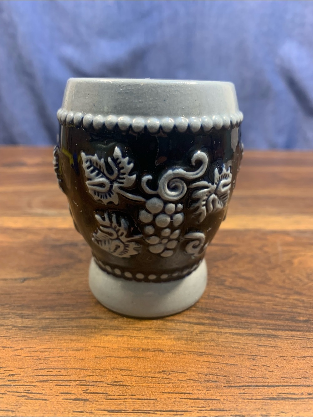 Vintage West German Stoneware Wine Goblet Cup Cobalt Blue Grapes Salt Glaze